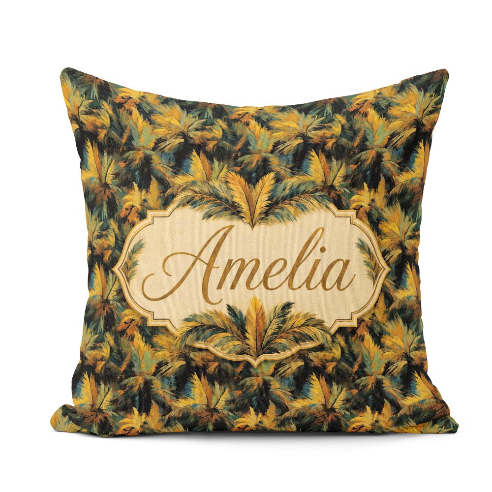 Custom Name Dark Palm Leaf Pattern in Rich Green and Ochre Tones Square Filled Cushion Throw Pillow Sofa Bed Home Decor Zip Washable UK Made