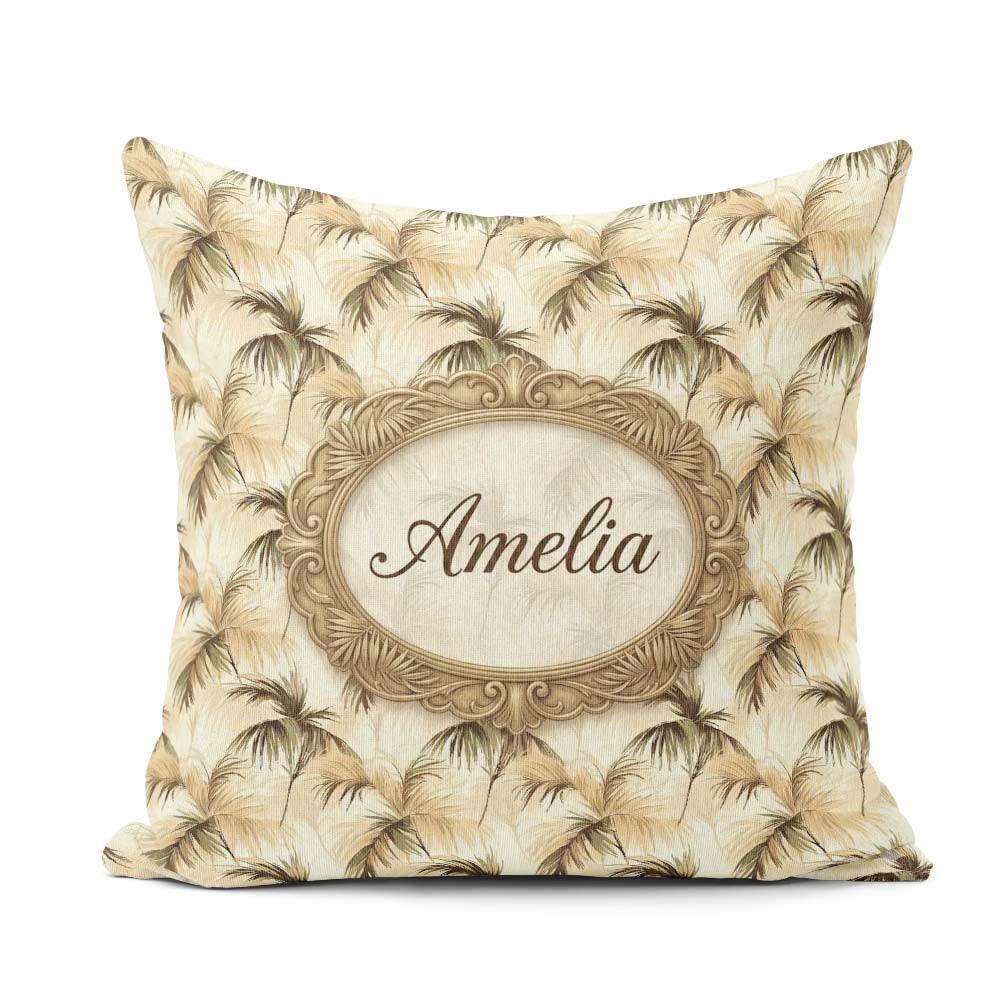 Custom Name Neutral Palm Leaf Silhouette in Soft Beige and Brown Square Filled Cushion Throw Pillow Sofa Bed Home Decor Zip Washable UK Made