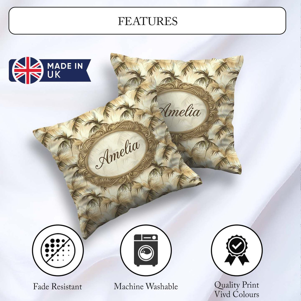 Custom Name Neutral Palm Leaf Silhouette in Soft Beige and Brown Square Filled Cushion Throw Pillow Sofa Bed Home Decor Zip Washable UK Made