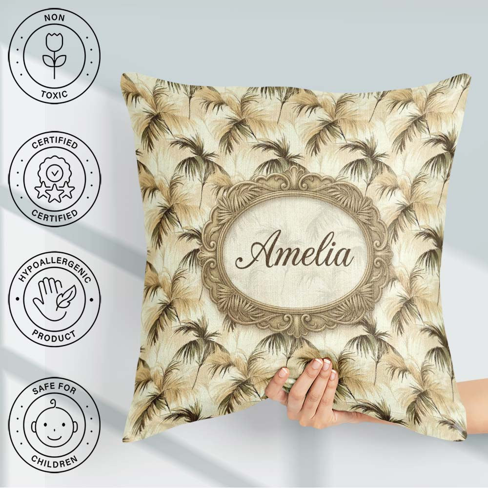Custom Name Neutral Palm Leaf Silhouette in Soft Beige and Brown Square Filled Cushion Throw Pillow Sofa Bed Home Decor Zip Washable UK Made