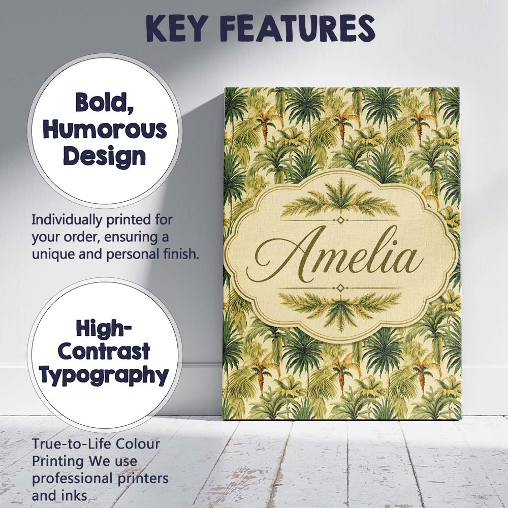 Personalised Name Lush Green Tropical Palm Custom Unique Gift Idea Elegant Feature Canvas Wall Art Print Decor Picture Ready to Hang