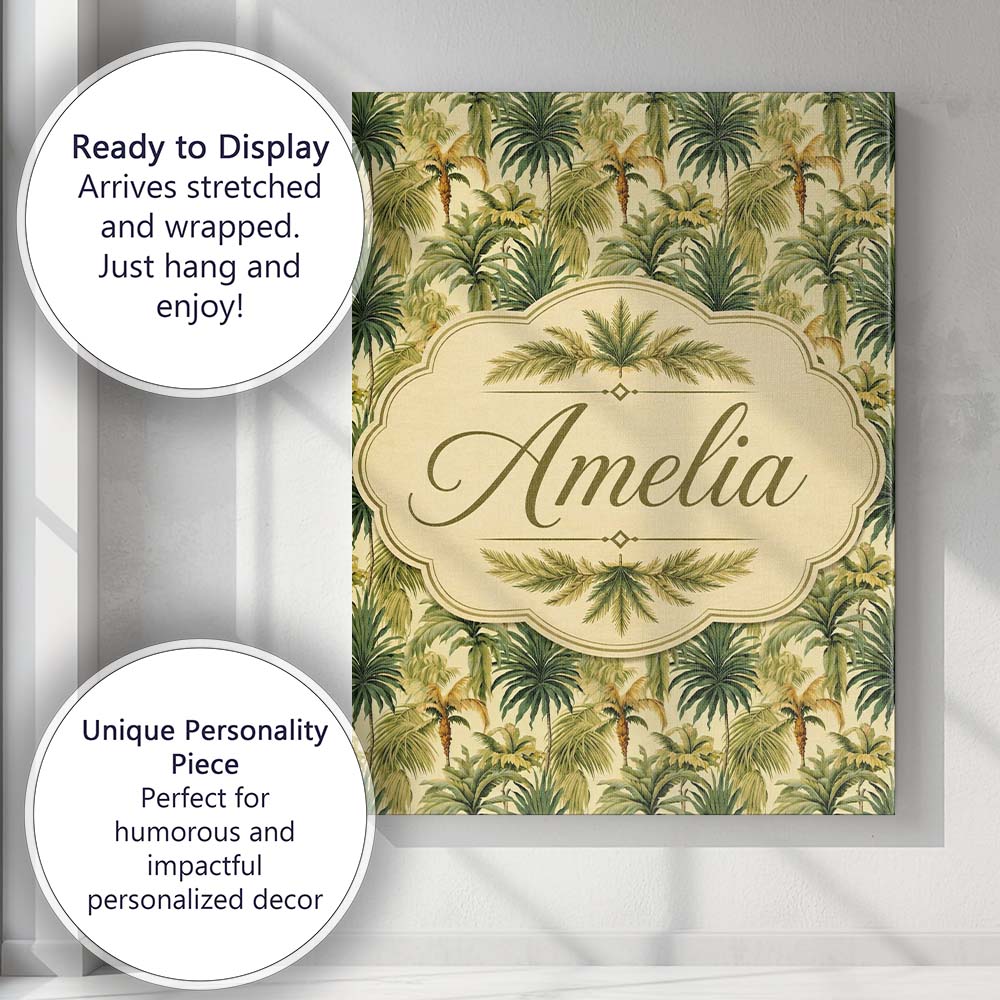 Personalised Name Lush Green Tropical Palm Custom Unique Gift Idea Elegant Feature Canvas Wall Art Print Decor Picture Ready to Hang