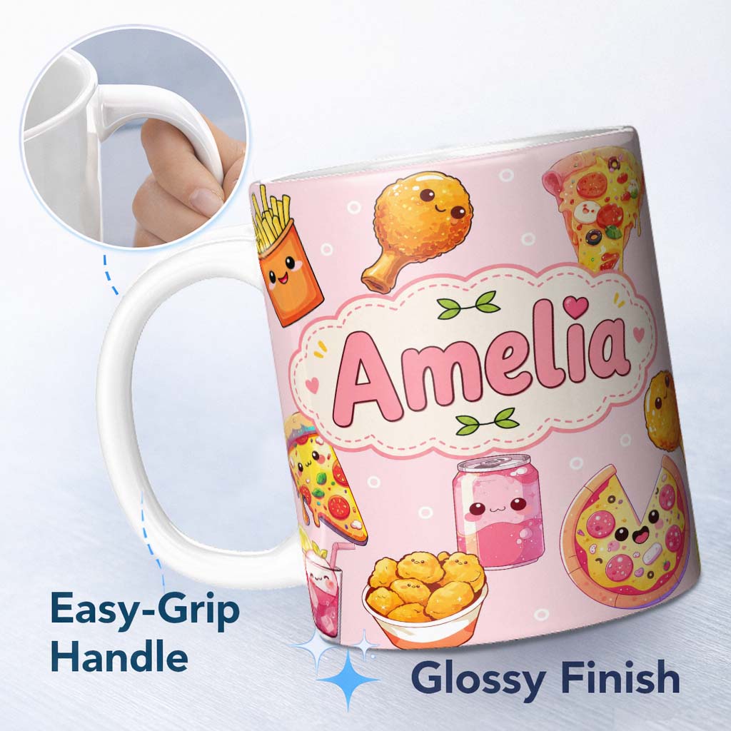 Personalized Custom Name Cute Kawaii Fast Food Pizza Chicken Soda Blush Pink Background 11oz Ceramic Coffee Tea Mug White Large Handle