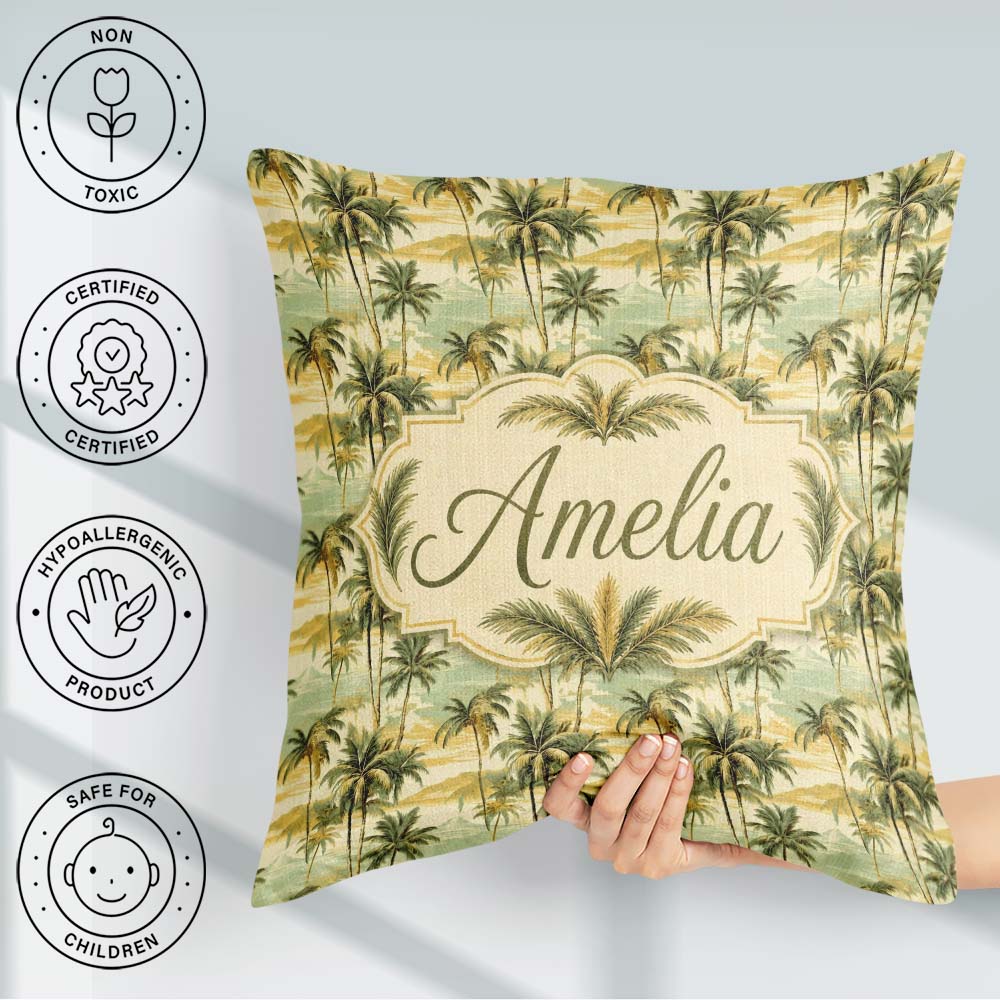 Custom Name Tropical Coastal Landscape with Palm Trees and Ocean Square Filled Cushion Throw Pillow Sofa Bed Home Decor Zip Washable UK Made