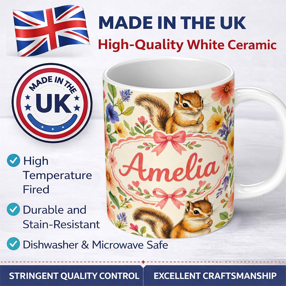 Personalized Custom Name Watercolor Chipmunk Wildflower Botanical Seamless Pattern Lovely 11oz Ceramic Coffee Tea Mug White Large Handle