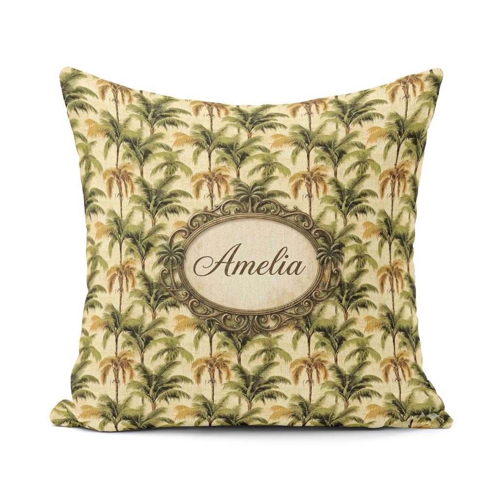 Custom Name Classic Palm Tree Repeat in Olive and Tones on Beige Square Filled Cushion Throw Pillow Sofa Bed Home Decor Zip Washable UK Made