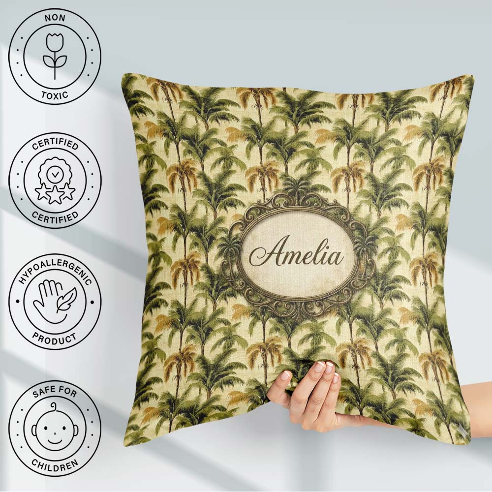 Custom Name Classic Palm Tree Repeat in Olive and Tones on Beige Square Filled Cushion Throw Pillow Sofa Bed Home Decor Zip Washable UK Made
