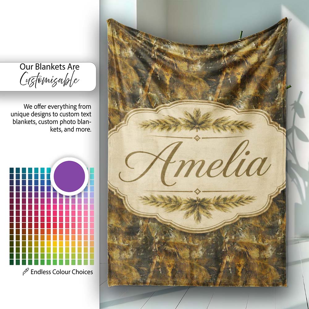 Grunge Style Tropical Palm Tree Pattern in Dark Earthy Brown Tones Personalised Custom Name Super Soft Fleece Blanket Bed Sofa Throw