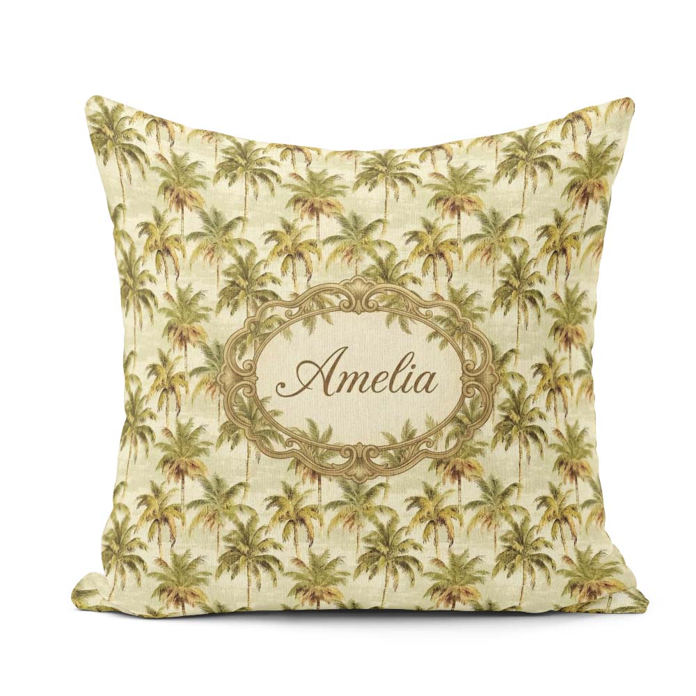 Custom Name Soft Palm Tree in Muted Green and Beige Tones Lovely Square Filled Cushion Throw Pillow Sofa Bed Home Decor Zip Washable UK Made