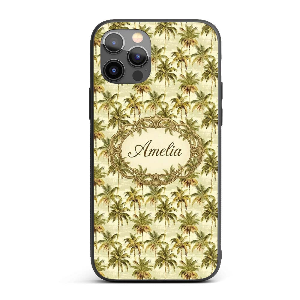 Soft Coastal Palm Tree Pattern in Muted Green and Custom Name Protective Phone Case Mobile Cover Durable Everyday Smartphone Shock Resistant