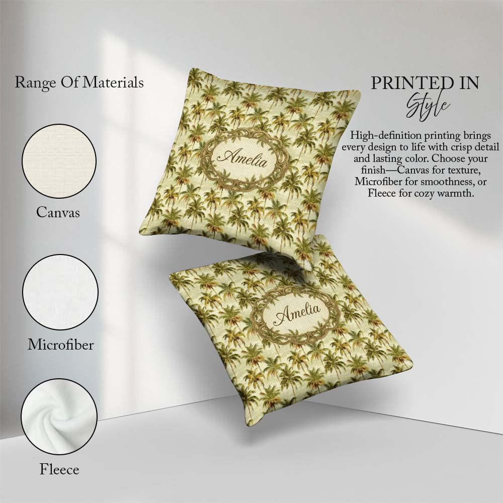 Custom Name Soft Palm Tree in Muted Green and Beige Tones Lovely Square Filled Cushion Throw Pillow Sofa Bed Home Decor Zip Washable UK Made