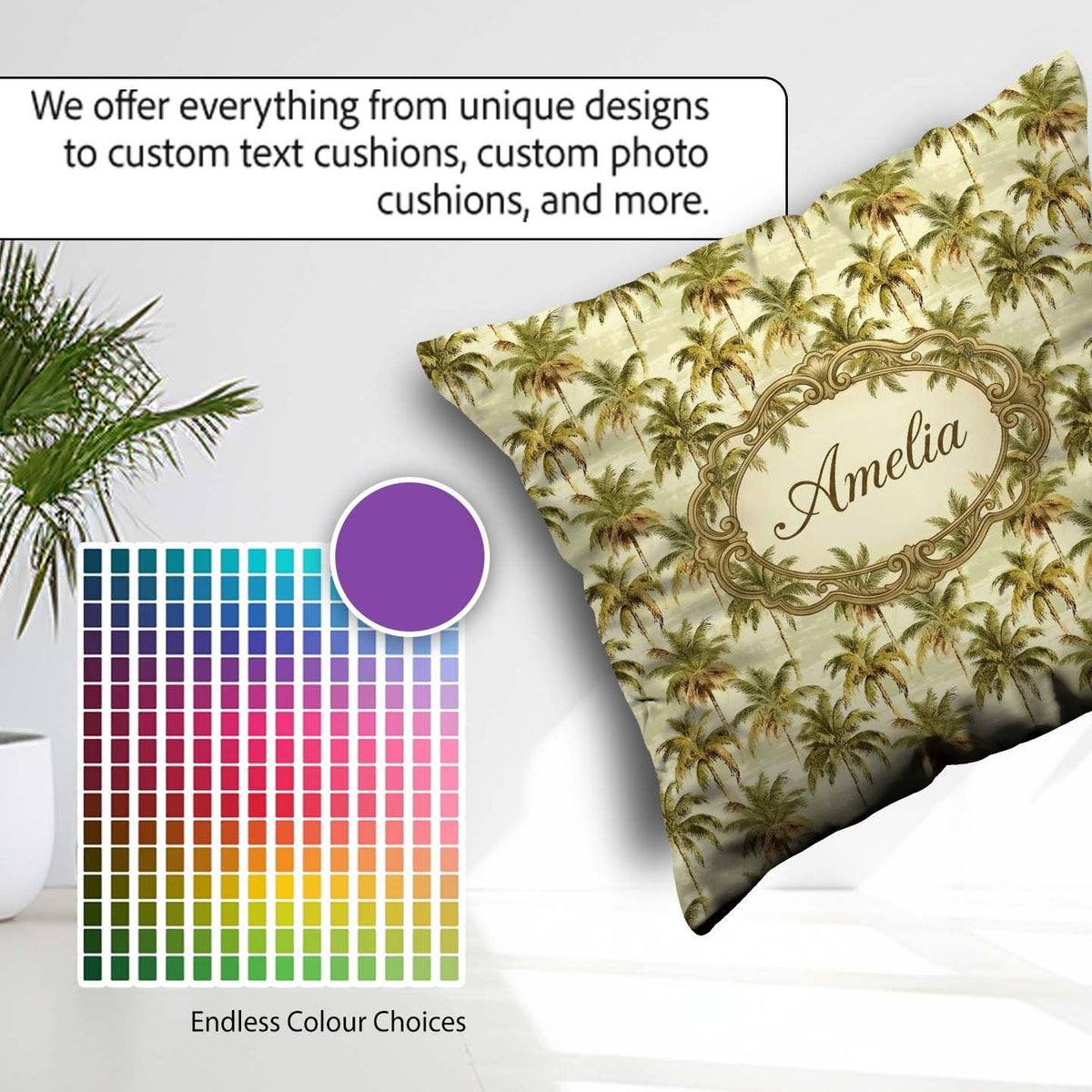 Custom Name Soft Palm Tree in Muted Green and Beige Tones Lovely Square Filled Cushion Throw Pillow Sofa Bed Home Decor Zip Washable UK Made