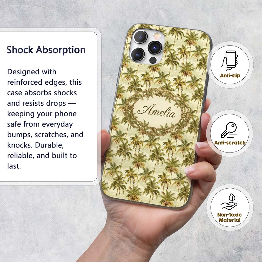 Soft Coastal Palm Tree Pattern in Muted Green and Custom Name Protective Phone Case Mobile Cover Durable Everyday Smartphone Shock Resistant