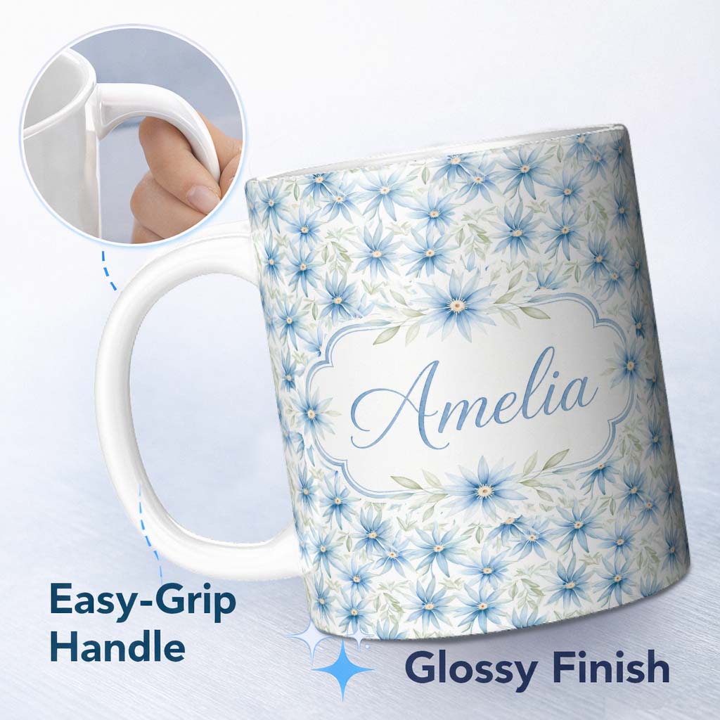 Personalized Custom Name Light Blue Daisy Style Floral Seamless Pattern Thoughtful Gift Idea 11oz Ceramic Coffee Tea Mug White Large Handle