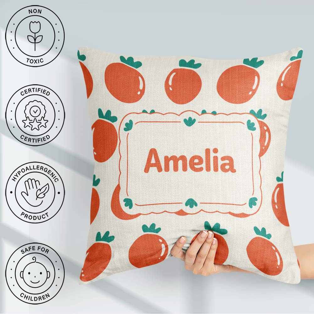 Custom Name Cute Tomato Cartoon Pattern Minimal Design Gift Idea Square Filled Cushion Throw Pillow Sofa Bed Home Decor Zip Washable UK Made