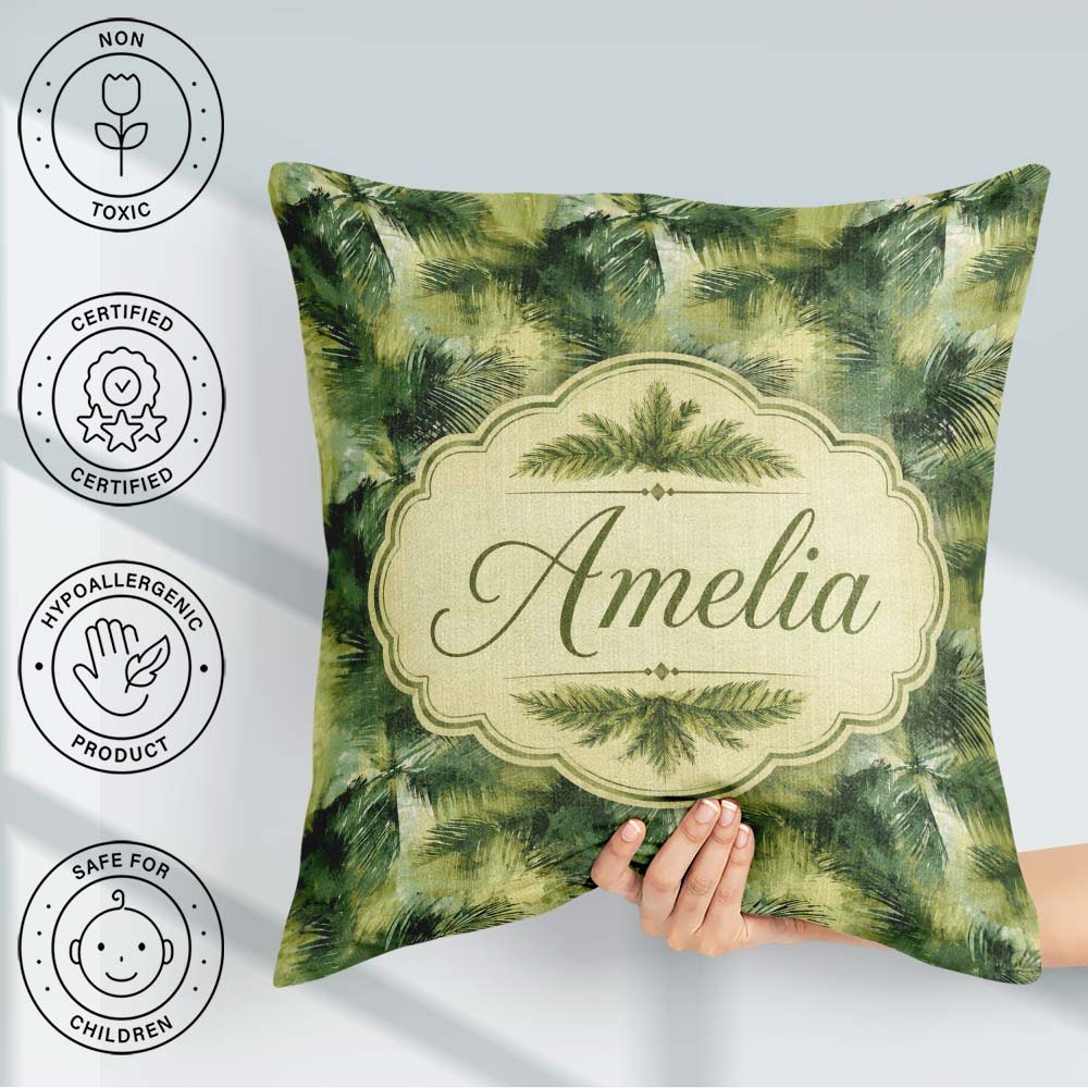 Custom Name Abstract Green Tropical Palm Leaf Brushstroke Lovely Square Filled Cushion Throw Pillow Sofa Bed Home Decor Zip Washable UK Made