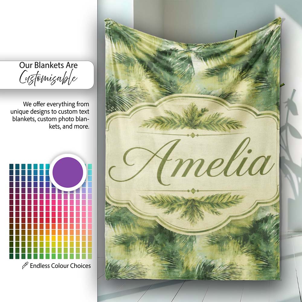 Abstract Green Tropical Palm Leaf Brushstroke Pattern Lovely Personalised Custom Name Super Soft Fleece Blanket Bed Sofa Throw