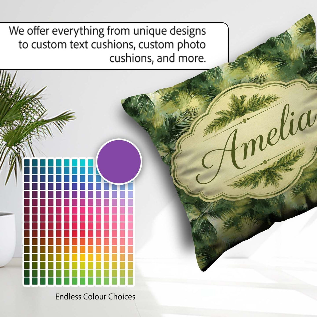 Custom Name Abstract Green Tropical Palm Leaf Brushstroke Lovely Square Filled Cushion Throw Pillow Sofa Bed Home Decor Zip Washable UK Made