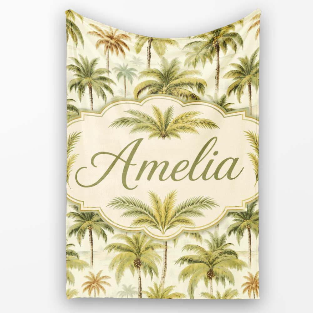 Vintage Style Palm Tree Landscape Pattern in Soft Green and Beige Personalised Custom Name Super Soft Fleece Blanket Bed Sofa Throw