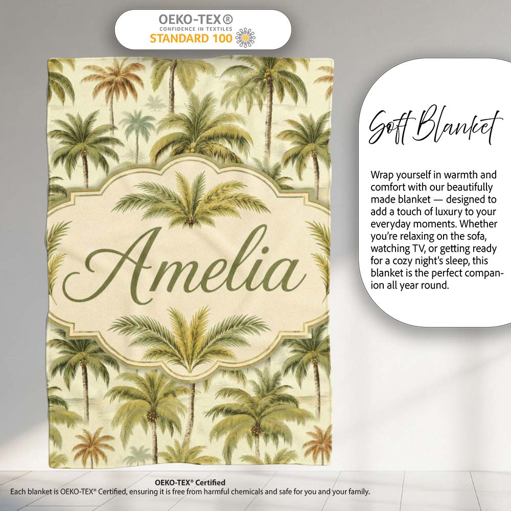 Vintage Style Palm Tree Landscape Pattern in Soft Green and Beige Personalised Custom Name Super Soft Fleece Blanket Bed Sofa Throw