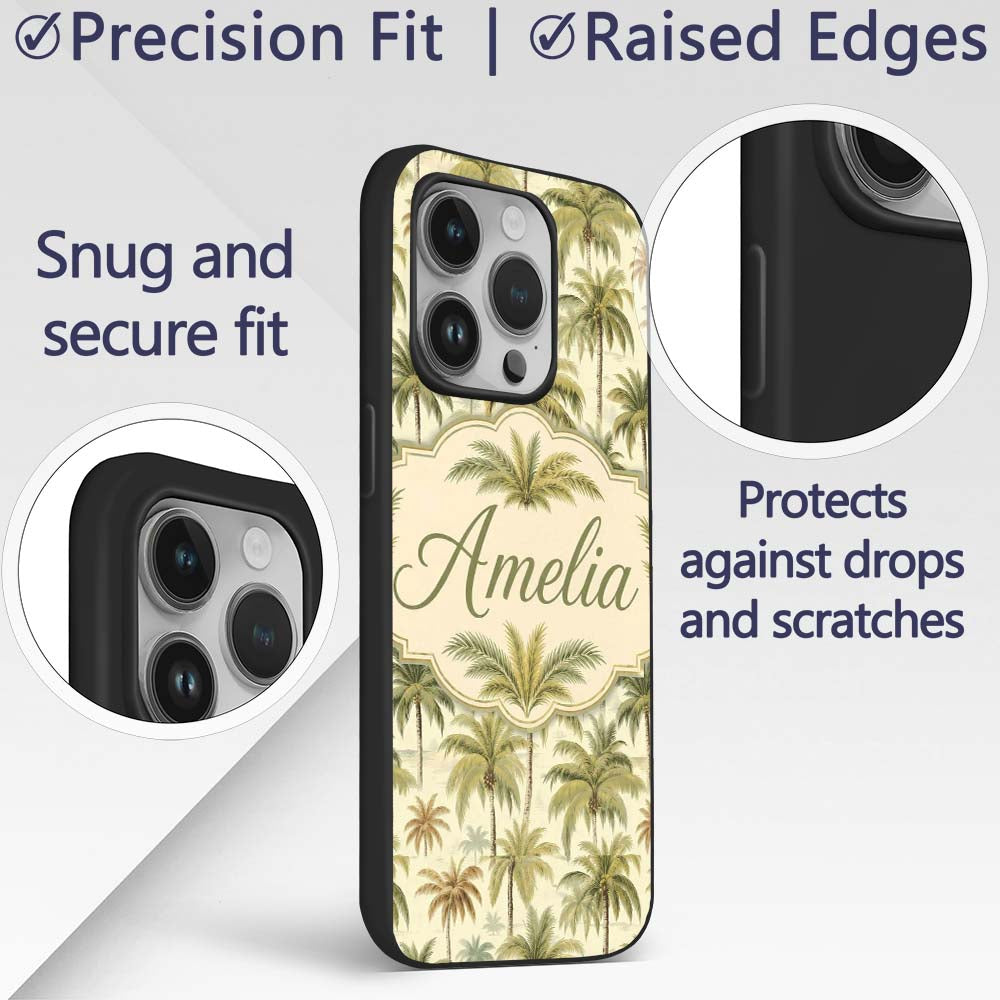 Vintage Style Palm Tree Landscape Pattern in Soft Custom Name Protective Phone Case Mobile Cover Durable Everyday Smartphone Shock Resistant