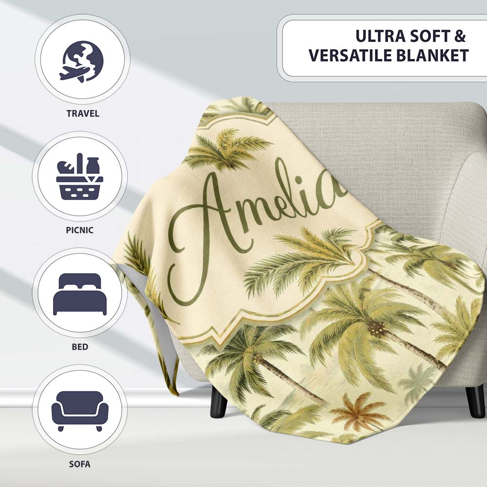 Vintage Style Palm Tree Landscape Pattern in Soft Green and Beige Personalised Custom Name Super Soft Fleece Blanket Bed Sofa Throw