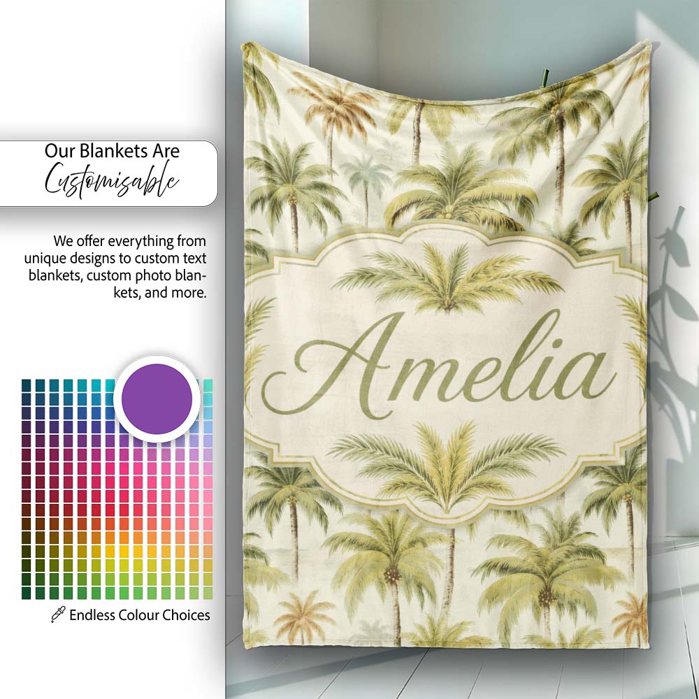 Vintage Style Palm Tree Landscape Pattern in Soft Green and Beige Personalised Custom Name Super Soft Fleece Blanket Bed Sofa Throw