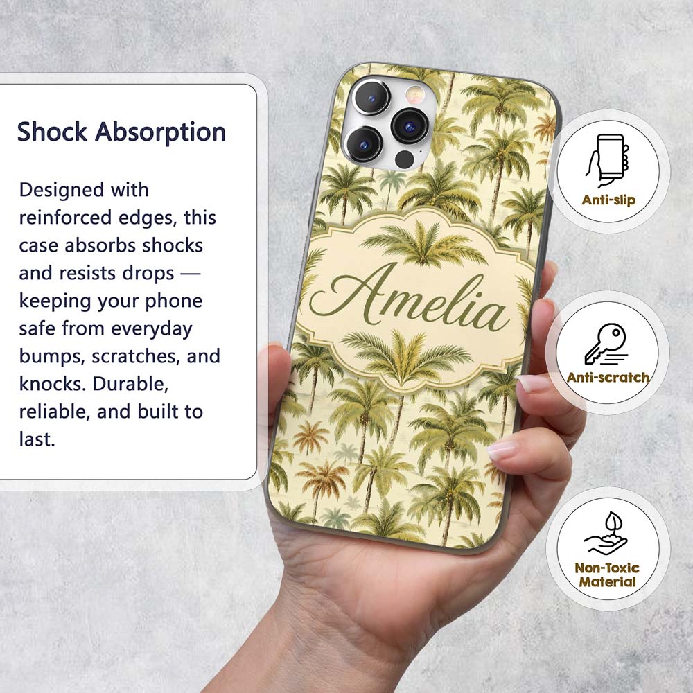 Vintage Style Palm Tree Landscape Pattern in Soft Custom Name Protective Phone Case Mobile Cover Durable Everyday Smartphone Shock Resistant