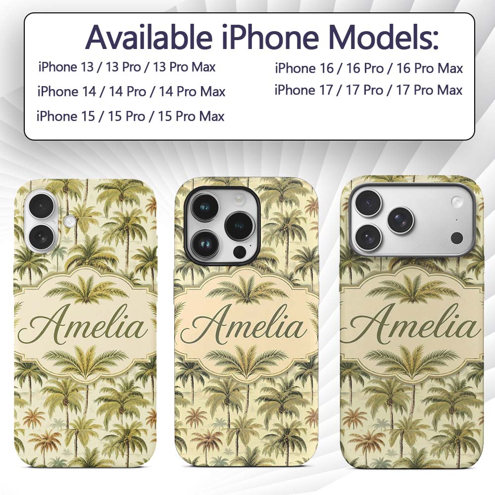 Vintage Style Palm Tree Landscape Pattern in Soft Custom Name Protective Phone Case Mobile Cover Durable Everyday Smartphone Shock Resistant