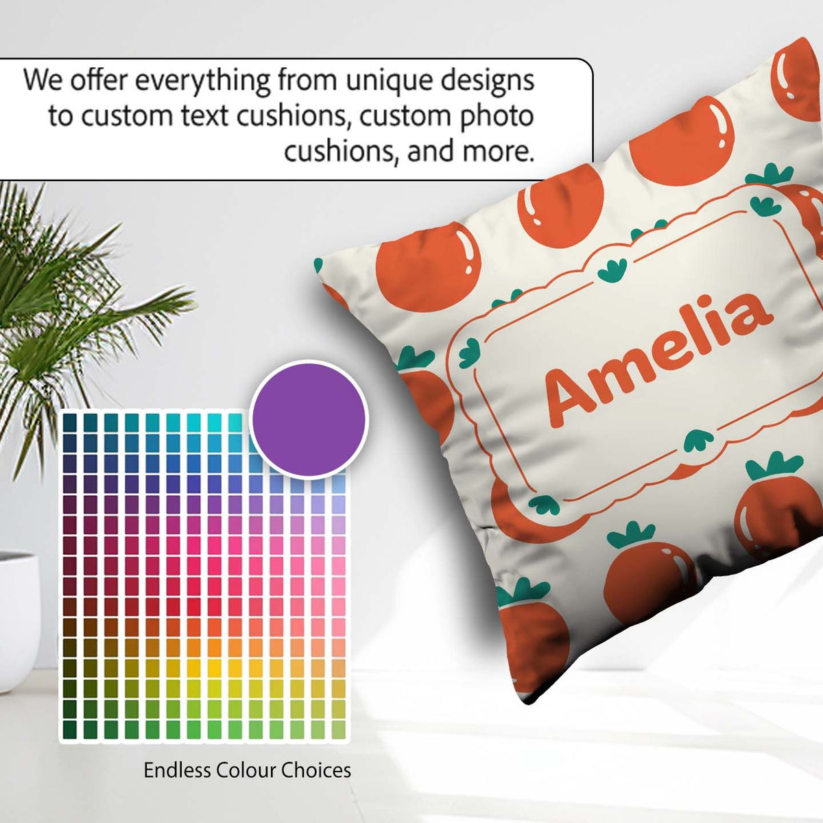 Custom Name Cute Tomato Cartoon Pattern Minimal Design Gift Idea Square Filled Cushion Throw Pillow Sofa Bed Home Decor Zip Washable UK Made