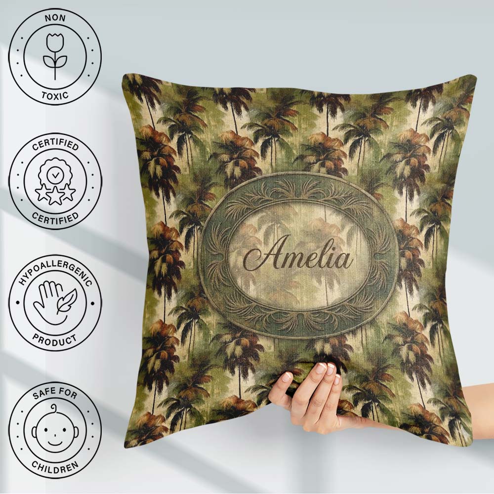 Custom Name Tropical Palm Tree Pattern in Brown and Green Earthy Square Filled Cushion Throw Pillow Sofa Bed Home Decor Zip Washable UK Made