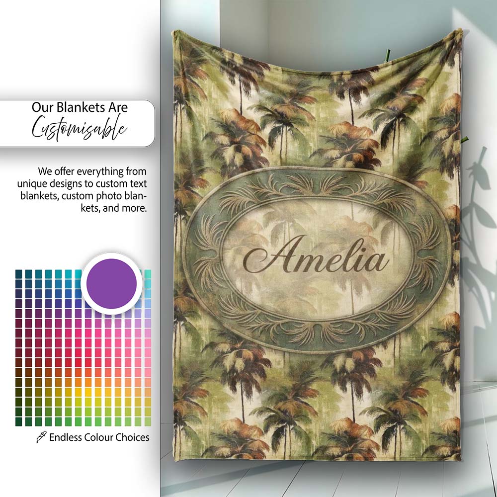 Tropical Palm Tree Pattern in Warm Brown and Green Earthy Tones Personalised Custom Name Super Soft Fleece Blanket Bed Sofa Throw