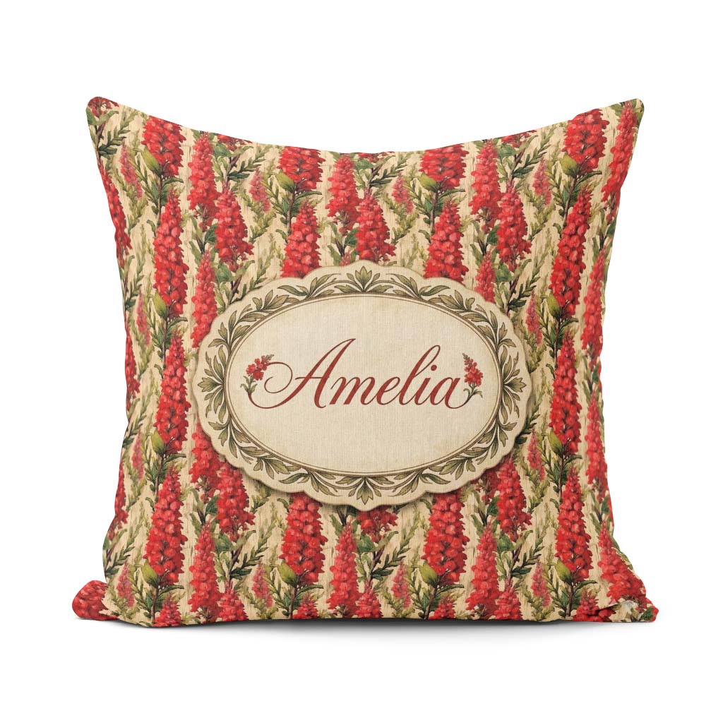 Custom Name Bold Red Floral Vertical Stripe with Green Leaves on Square Filled Cushion Throw Pillow Sofa Bed Home Decor Zip Washable UK Made