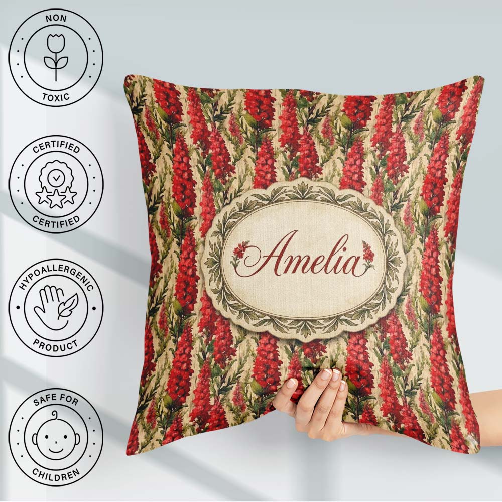 Custom Name Bold Red Floral Vertical Stripe with Green Leaves on Square Filled Cushion Throw Pillow Sofa Bed Home Decor Zip Washable UK Made