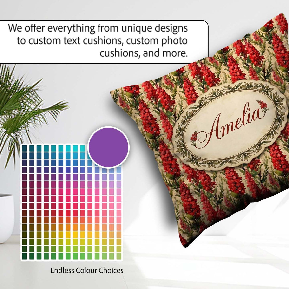 Custom Name Bold Red Floral Vertical Stripe with Green Leaves on Square Filled Cushion Throw Pillow Sofa Bed Home Decor Zip Washable UK Made