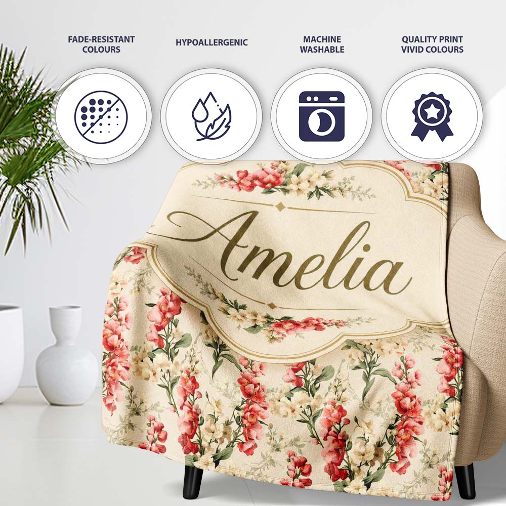 Pink and Cream Floral Trail Light Neutral Background Romantic Lovely Personalised Custom Name Super Soft Fleece Blanket Bed Sofa Throw