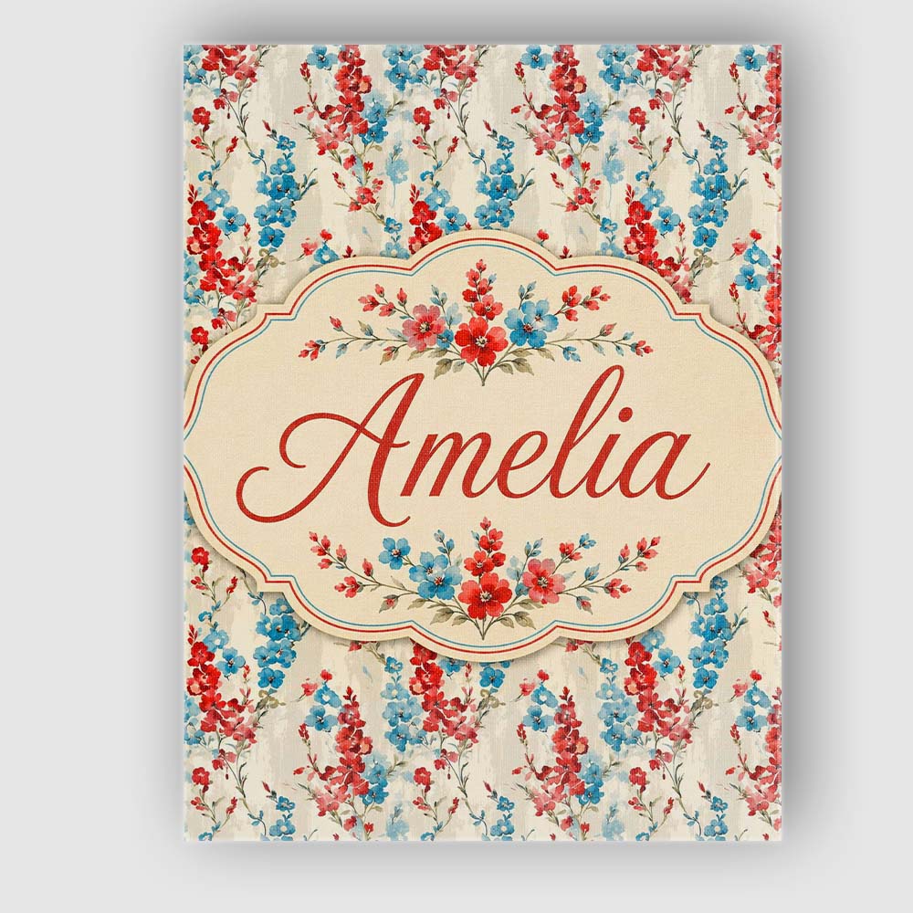 Personalised Name Red and Blue Floral Custom Modern Room Accent Creative Decorator Style Canvas Wall Art Print Decor Picture Ready to Hang