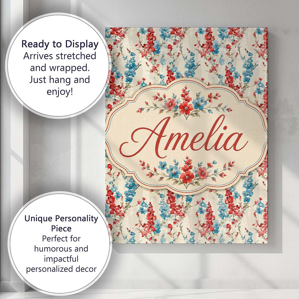 Personalised Name Red and Blue Floral Custom Modern Room Accent Creative Decorator Style Canvas Wall Art Print Decor Picture Ready to Hang