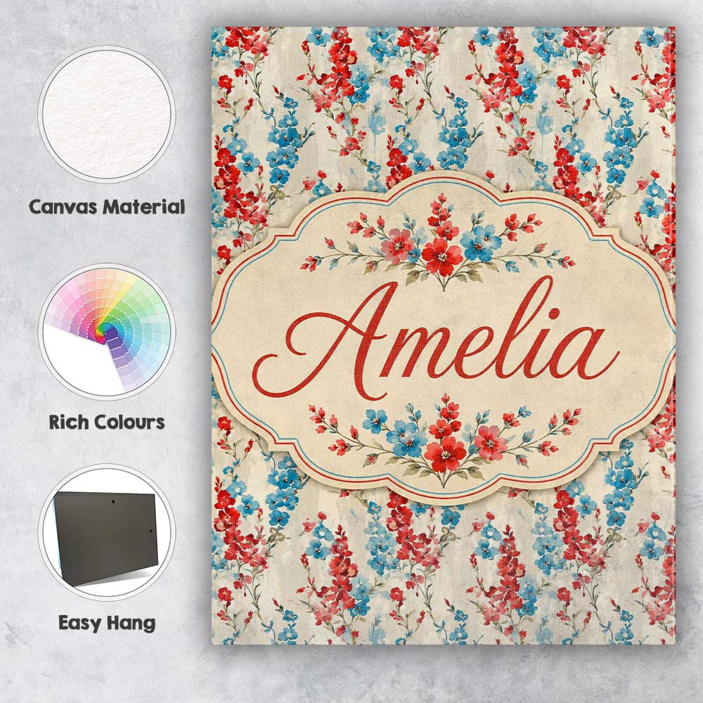 Personalised Name Red and Blue Floral Custom Modern Room Accent Creative Decorator Style Canvas Wall Art Print Decor Picture Ready to Hang