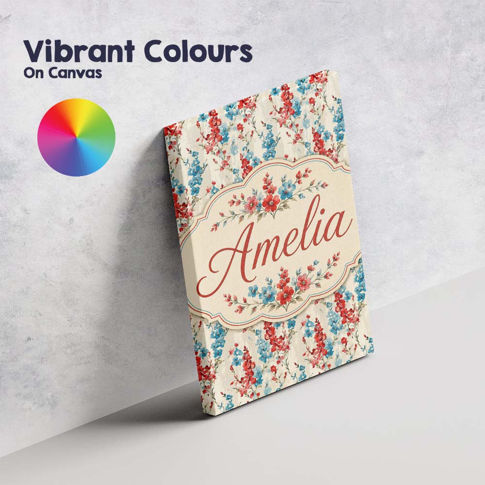Personalised Name Red and Blue Floral Custom Modern Room Accent Creative Decorator Style Canvas Wall Art Print Decor Picture Ready to Hang