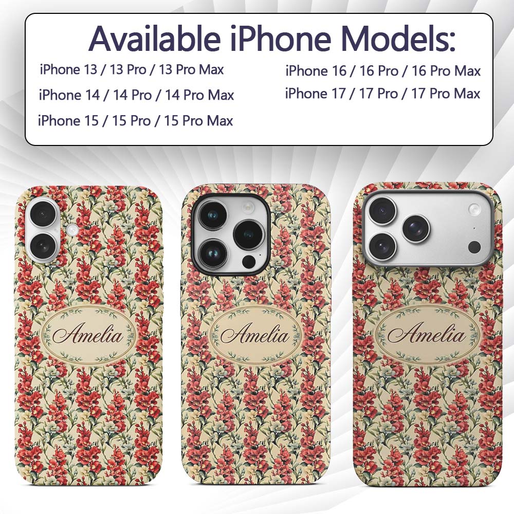 Classic Red and Cream Floral Bouquet Pattern on Custom Name Protective Phone Case Mobile Cover Durable Everyday Smartphone Shock Resistant