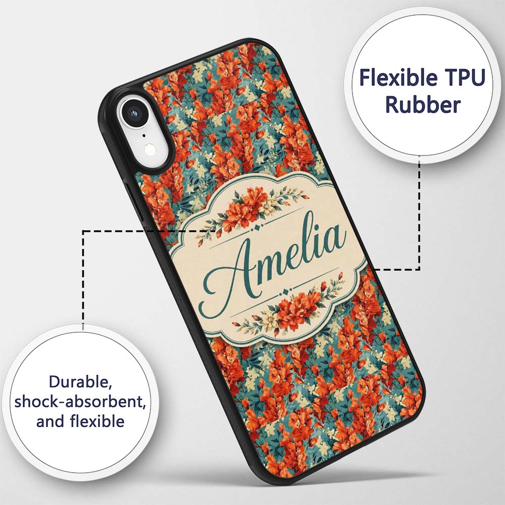 Vibrant Orange Floral Pattern on Teal Background Custom Name Protective Phone Case Mobile Cover Durable Everyday Smartphone Shock Resistant