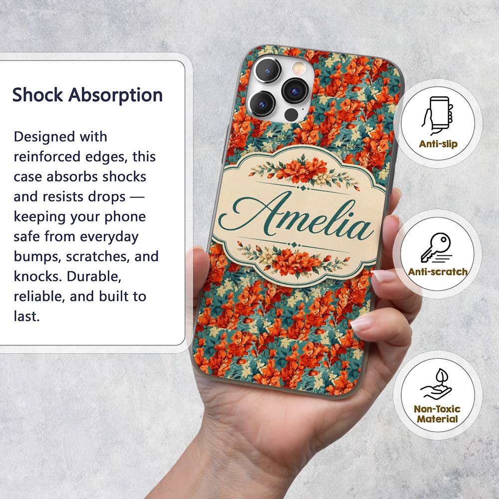 Vibrant Orange Floral Pattern on Teal Background Custom Name Protective Phone Case Mobile Cover Durable Everyday Smartphone Shock Resistant