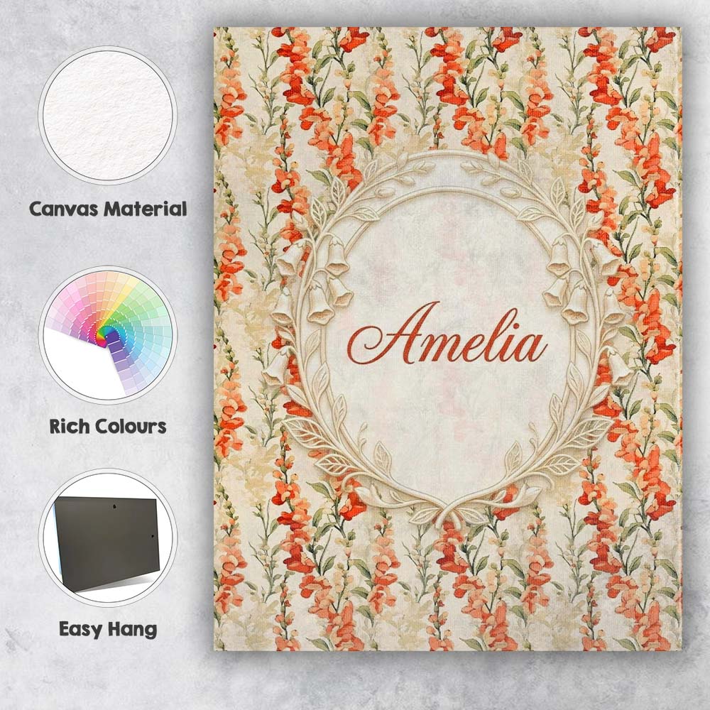 Personalised Name Warm Orange Floral Stripe Custom Bespoke Interior Contemporary Canvas Wall Art Print Decor Picture Ready to Hang