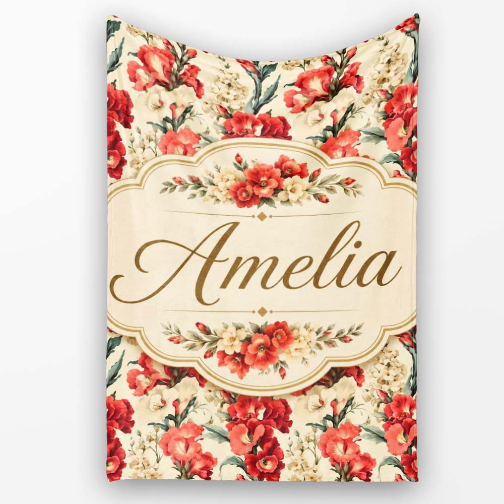 Bold Red Floral Pattern with Cream Blossoms on Light Background Personalised Custom Name Super Soft Fleece Blanket Bed Sofa Throw