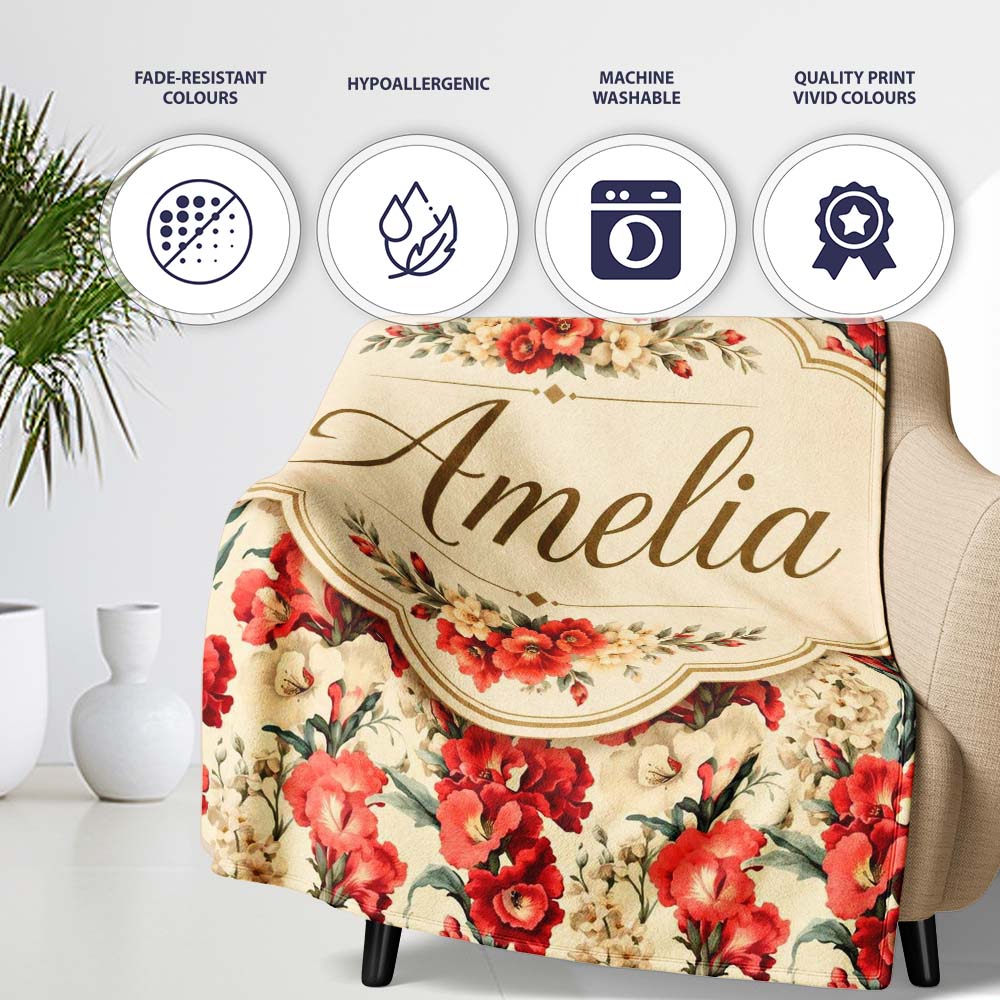 Bold Red Floral Pattern with Cream Blossoms on Light Background Personalised Custom Name Super Soft Fleece Blanket Bed Sofa Throw