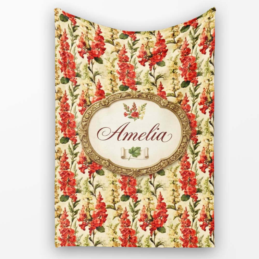 Classic Red Floral Stripe Pattern with Soft Cream Flowers on Beige Personalised Custom Name Super Soft Fleece Blanket Bed Sofa Throw
