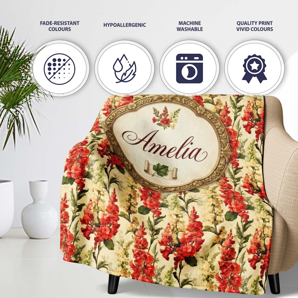 Classic Red Floral Stripe Pattern with Soft Cream Flowers on Beige Personalised Custom Name Super Soft Fleece Blanket Bed Sofa Throw