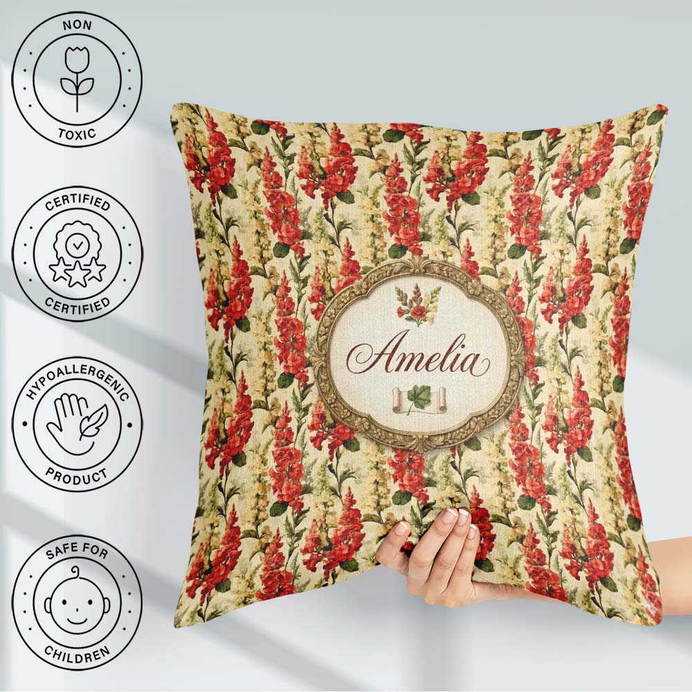 Custom Name Classic Red Floral Stripe Pattern with Soft Cream on Square Filled Cushion Throw Pillow Sofa Bed Home Decor Zip Washable UK Made
