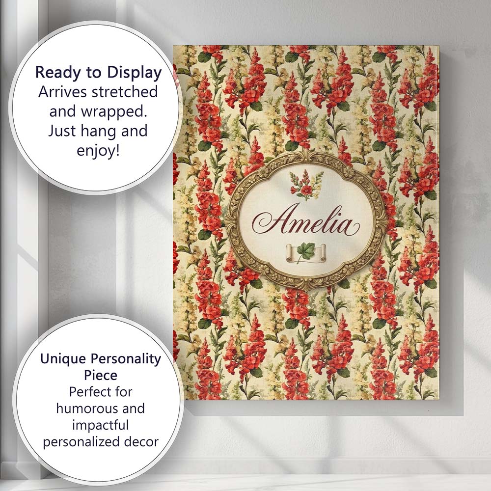 Personalised Name Classic Red Floral Stripe Custom Bespoke Interior Contemporary Canvas Wall Art Print Decor Picture Ready to Hang